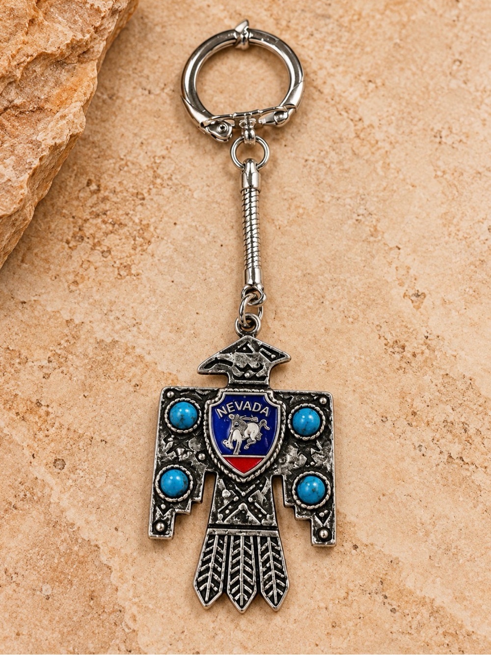 Vintage Nevada Thunderbird Keychain Turquoise Souvenir NIP 1970s Southwestern